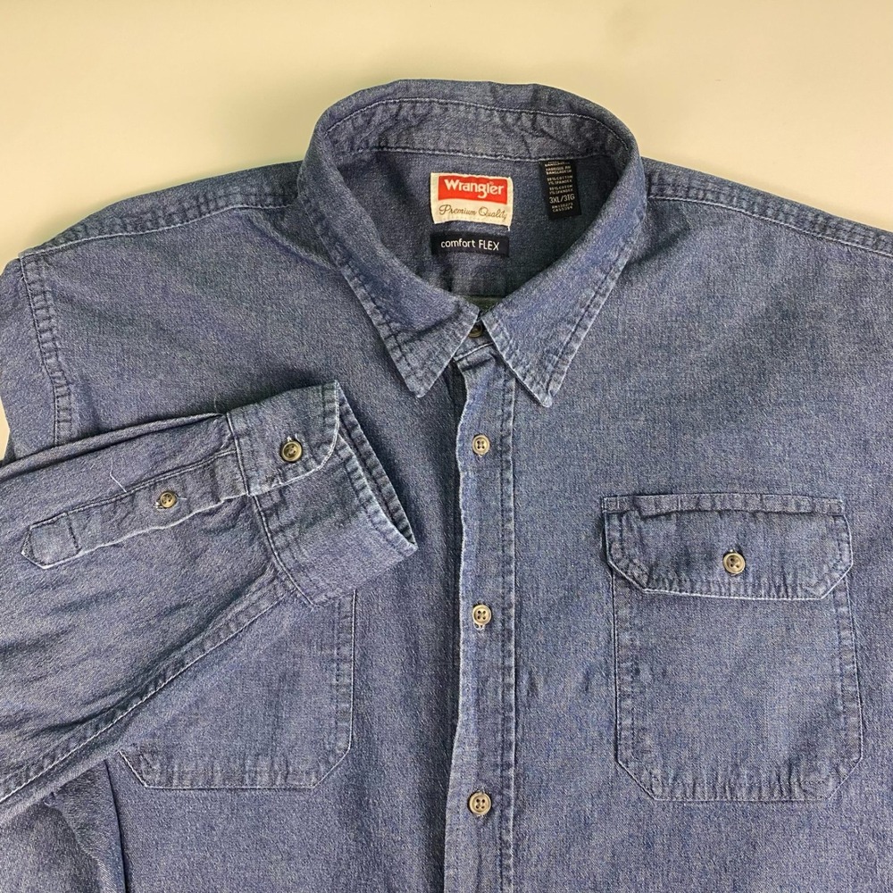 Wrangler Men's Size Tall 3XL Shirt Premium Denim Long Sleeve Comfort Flex Blue - Picture 3 of 9